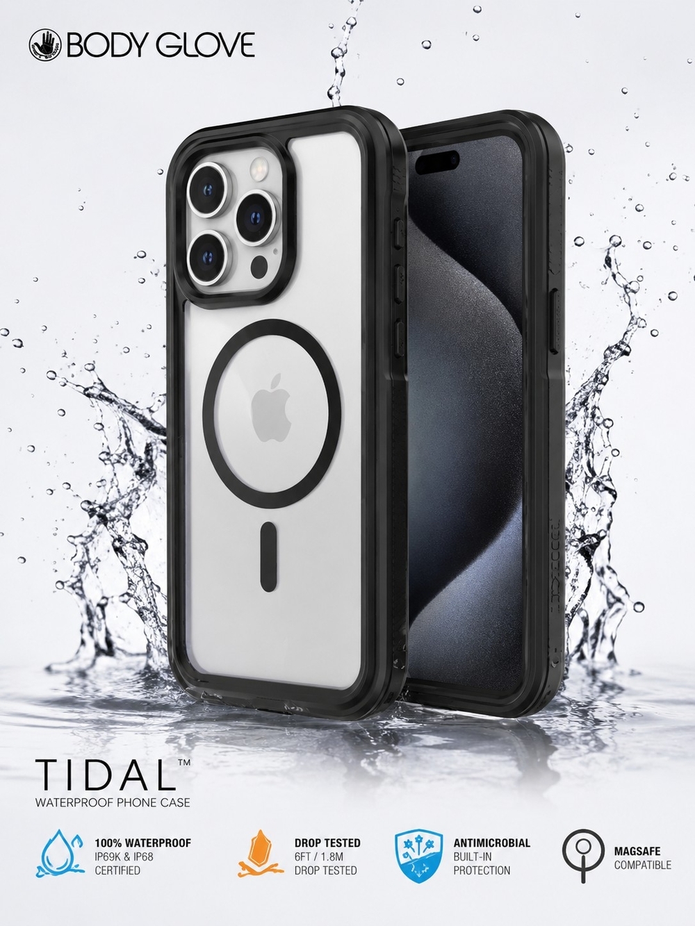 Body Glove Tidal Waterproof Case iPhone 15 Pro Max MagSafe Clear Black